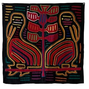 Vintage Hand Stitched Panama Mola Maze Reverse Appliqué Colorful Birds